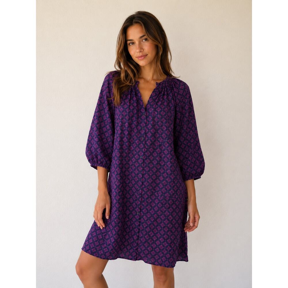 Tucker Womens Classic Dress 100% Silk Purple Geometric Boho Shift Small Peasant